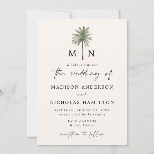 Minimal Palm Tree Monogram Foto Wedding Einladung (Vorderseite)