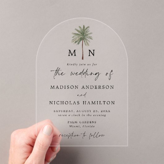 Minimal Palm Tree Monogram Wedding Acryleinladungen (Insitu (Handheld))