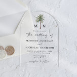 Minimal Palm Tree Monogram Wedding Acryleinladungen<br><div class="desc">Tropische Hochzeitseinladungen mit Ihren Monogramm-Initialen, getrennt durch eine Single-Palm-Illustration am oberen Rand der Einladung mit einem mattierten oder transparenten Acrylhintergrund. Die Palmen-Hochzeit auf Monogramm wird mit Ihren Namen und Hochzeitsdetails in schwarzer Schrift mit einem modernen handgeschriebenen Skript, das das Design unterstreicht, personalisiert. Entworfen, um mit unserer Minimal Palm Tree Hochzeitskollektion...</div>
