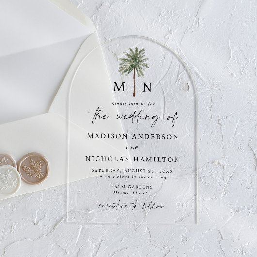 Minimal Palm Tree Monogram Wedding Acryleinladungen