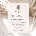 Minimal Palm Tree Monogram Wedding Einladung<br><div class="desc">Tropische Hochzeitseinladungen mit Ihren Monogramm-Initialen, getrennt durch eine Single-Palm-Abbildung oben auf der Einladung mit Elfenbeincreme-Hintergrund. Die Palmen-Hochzeit auf Monogramm wird mit Ihren Namen und Hochzeitsdetails in schwarzer Schrift mit einem modernen handgeschriebenen Skript, das das Design unterstreicht, personalisiert. Die einfache tropische Hochzeit lädt zu einem soliden grünen Hintergrund. Entworfen, um mit...</div>