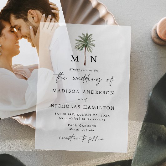 Minimal Palm Tree Monogram Wedding Pergament Einladungen