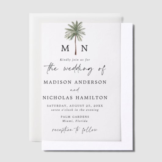 Minimal Palm Tree Monogram Wedding Pergament Einladungen (Versetzt)