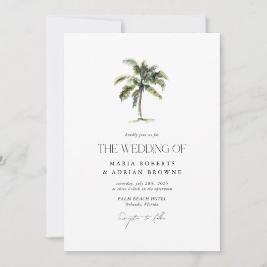 Minimal Palm Tree Tropical Beach Hochzeit Einladung (Vorderseite)