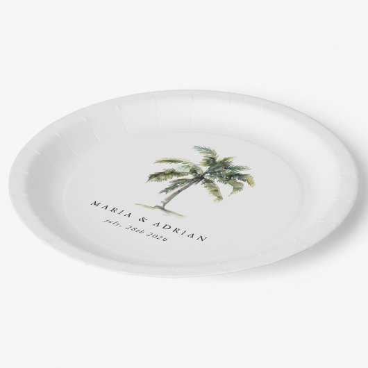 Minimal Palm Tree Tropical Beach Hochzeit Pappteller (Schrägansicht)