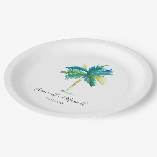 Minimal Palm Tree Tropical Beach Hochzeit Pappteller (Schrägansicht)