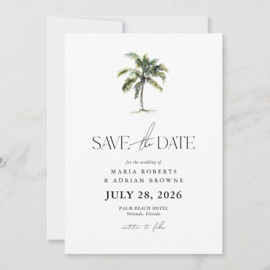 Minimal Palm Tree Tropical Beach Hochzeit Save The Date (Vorderseite)