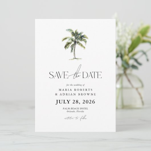 Minimal Palm Tree Tropical Beach Hochzeit Save The Date (Stehend Vorderseite)