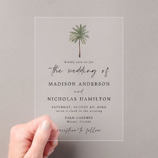 Minimal Palm Tree Wedding Acryleinladungen (Insitu (Handheld))