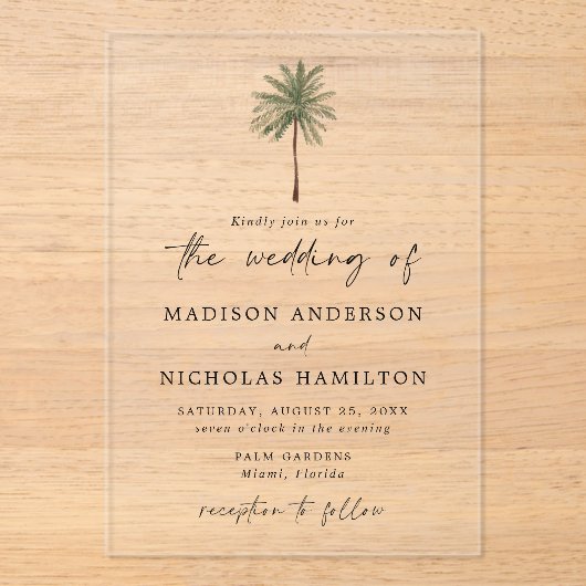 Minimal Palm Tree Wedding Acryleinladungen (Vorderseite)