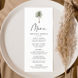 Minimal Palm Tree Wedding Menükarte<br><div class="desc">Tropisches Hochzeitsmenü mit einer Single-Palme an der Spitze des Designs mit "Menu" in einem modernen schwarzen Kalligraphie-Skript angezeigt. Das Palmen-Hochzeitsmenü mit Namen, Hochzeitsdatum und Speisekarte unten. Das Hochzeitsmenü am Strand wechselt zu einem dunkelgrünen Hintergrund mit Platz für zusätzliche Texte und Fotos. Entworfen, um mit unserer Minimal Palm Tree Hochzeitskollektion zu...</div>