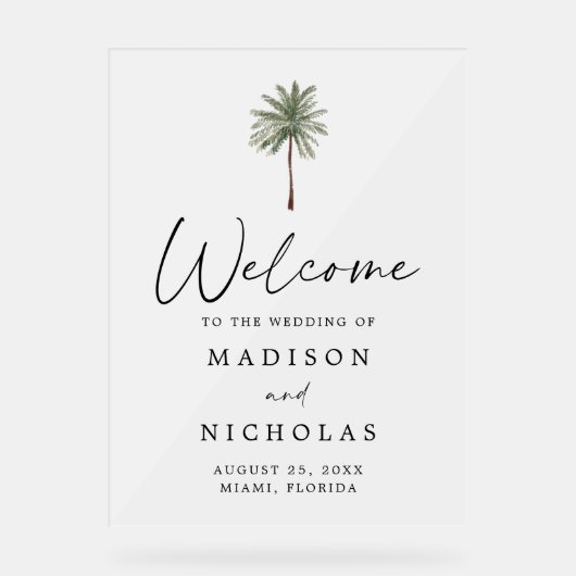 Minimal Palm Tree Wedding Willkommen Mattiert Acrylschild (Vorderseite)