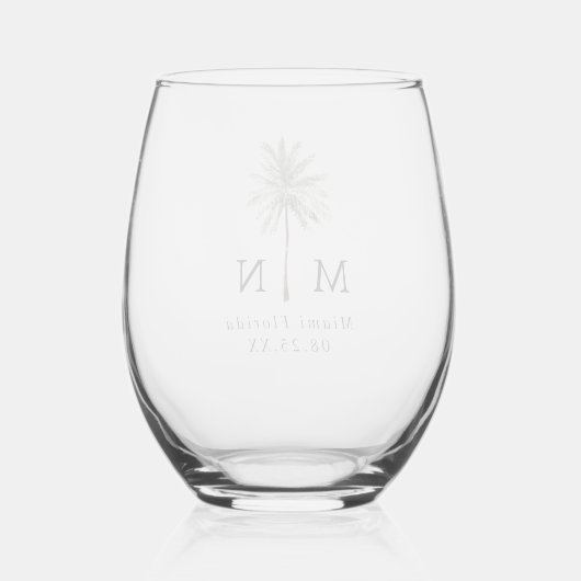 Minimal Palm Trees Monogram Wedding Weinglas Ohne Stiel (Rückseite)