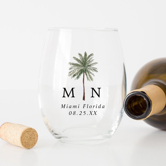 Minimal Palm Trees Monogram Wedding Weinglas Ohne Stiel