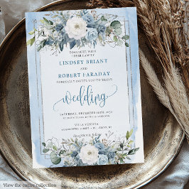 Minimal Pastel Blue White Silver Peonies Wedding Einladung