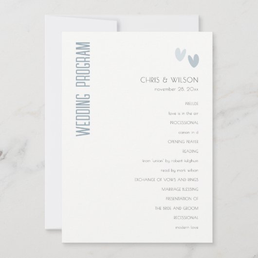 Minimal Pastel Dusky Blue Hearts Wedding Programm (Vorderseite)