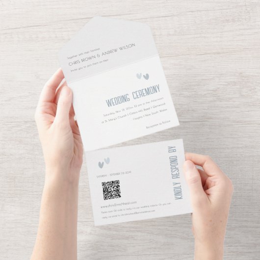 Minimal Pastel Dusky Blue Hearts Wedding QR Code All In One Einladung (Abreißen)
