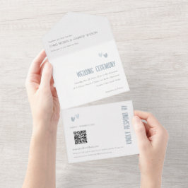 Minimal Pastel Dusky Blue Hearts Wedding QR Code All In One Einladung