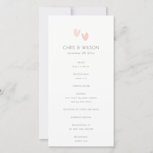 Minimal Pastel Dusky Pink Hearts Wedding Programm (Vorderseite)
