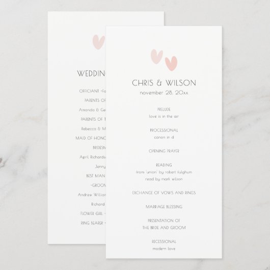 Minimal Pastel Dusky Pink Hearts Wedding Programm (Vorne/Hinten)