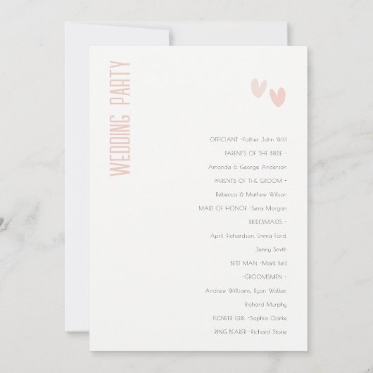 Minimal Pastel Dusky Pink Hearts Wedding Programm (Rückseite)
