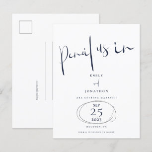 Minimal Pencil uns in Script Navy Save the Date Ankündigungspostkarte