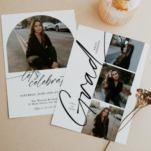 Minimal Photo Collage Modern Script Graduation Einladung