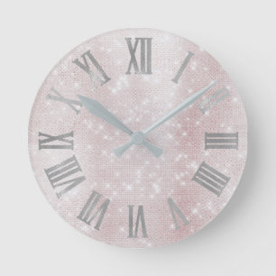 Minimal Pink Blush Silver Gray Spark Roman Numbers Runde Wanduhr