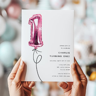 Minimal Pink One Balloon 1. Geburtstag Party Einladung