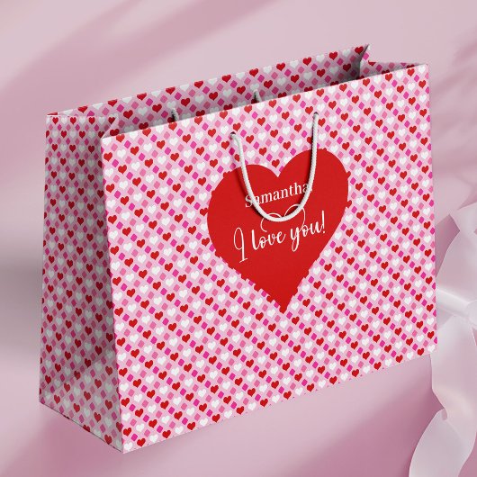 Minimal Pink Red Hearts I Love You Valentine Bag Große Geschenktüte