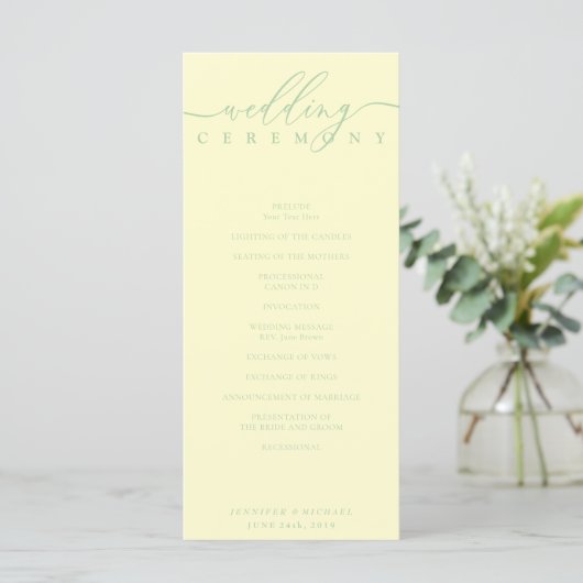Minimal Pistachio & Cream Script Wedding Ceremony Programm (Stehend Vorderseite)