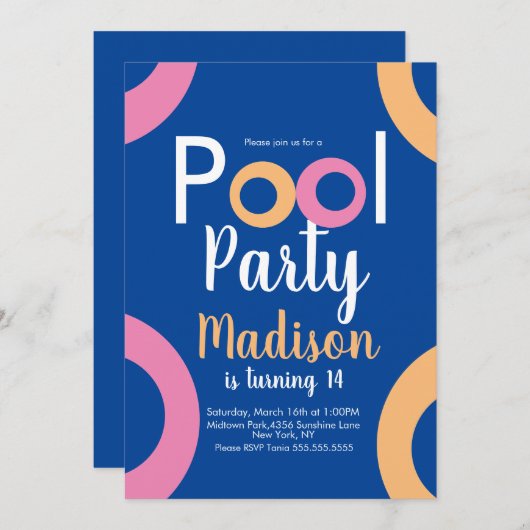 Minimal Pool Party Geburtstag Einladung (Vorne/Hinten)