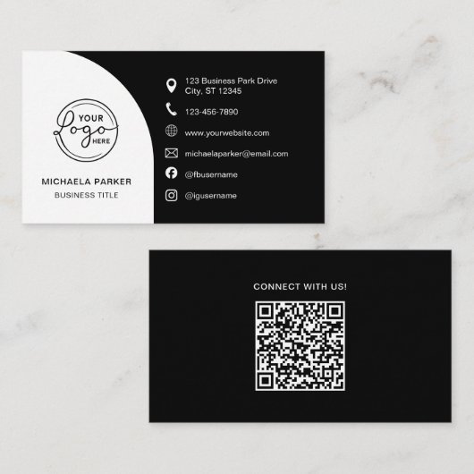 Minimal Professional Custom Logo QR Code Black Visitenkarte (Vorne/Hinten)