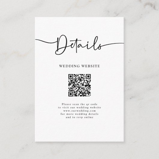 Minimal QR Code Kalligrafie Hochzeitdetails Begleitkarte (Vorderseite)