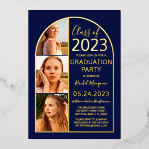 Minimal Real Gold Foil Blue Arch Foto Abschluss Folieneinladung