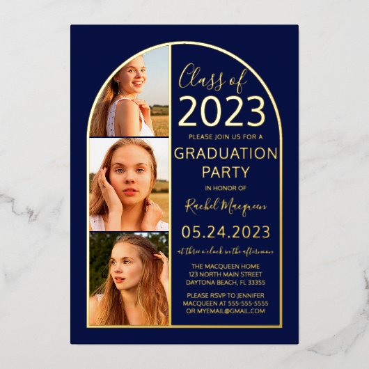 Minimal Real Gold Foil Blue Arch Foto Abschluss Folieneinladung (Vorderseite)