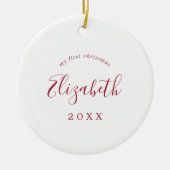 Minimal Red Baby's First Christmas Newborn Foto Keramik Ornament (Vorne)