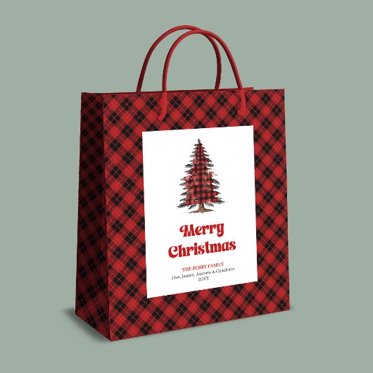 Minimal red black tartan Christmas bag personalize Mittlere Geschenktüte