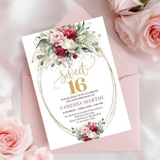 Minimal Red Blush Greenery Gold Sweet 16 Birthday Einladung