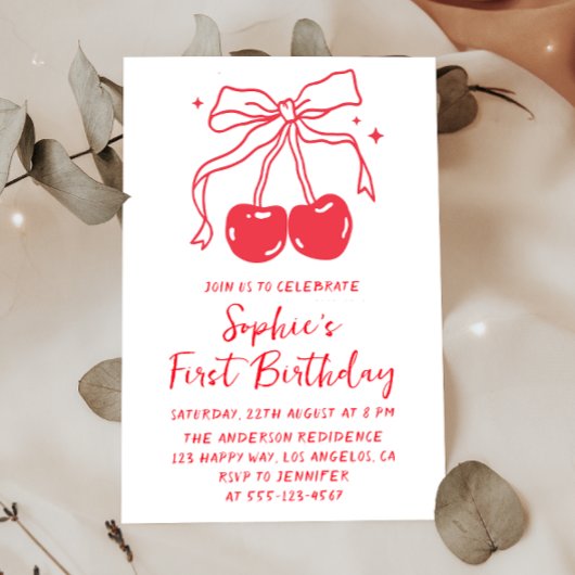 Minimal Red Bow Cherry Fruit 1st Birthday Party Einladung
