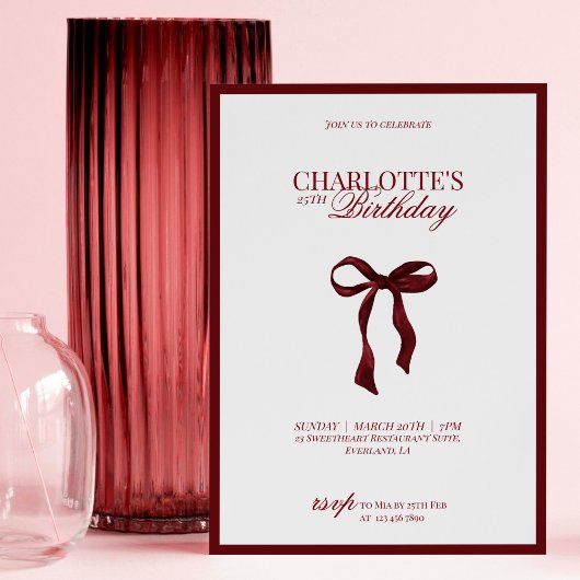 Minimal Red & Burgundy Bow Birthday Invitation Einladung