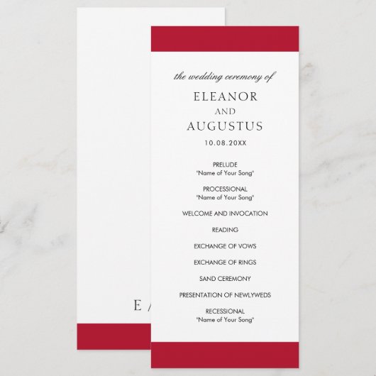 Minimal Red Classic Einfache Hochzeit Programm (Vorne/Hinten)