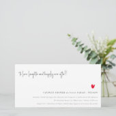 Minimal Red Heart Script Couples Dusche laden Dankeskarte (Stehend Vorderseite)