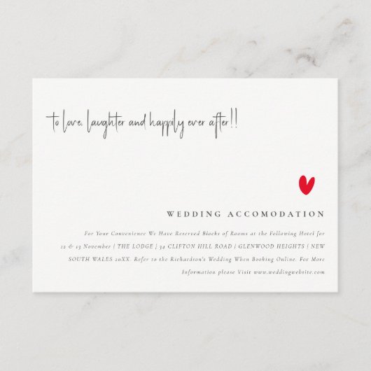 Minimal Red Heart Script Hochzeitsunterkunft Begleitkarte (Vorderseite)