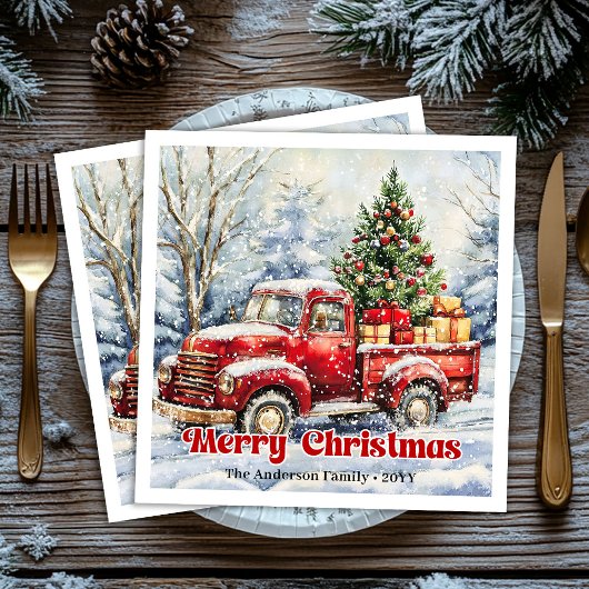 Minimal red truck Christmas scene rustic napkins Serviette