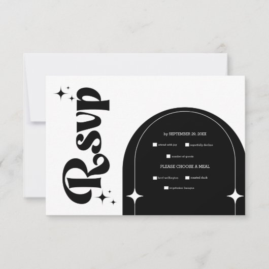 Minimal Retro Arch Black and White RSVP Karte (Vorderseite)