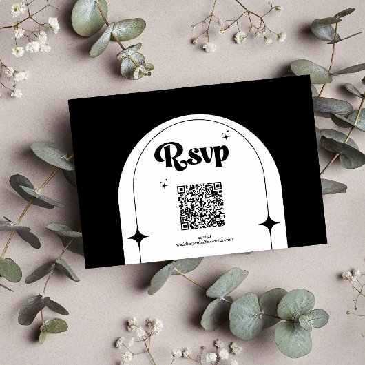 Minimal Retro Arch Black and White Wedding RSVP Ca Karte