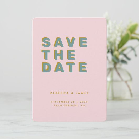 Minimal rosa Aquamarin Golden Retro Hochzeit Save The Date (Stehend Vorderseite)