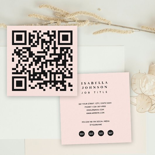 Minimal Rosa QR Code Social Media Icons Quadratische Visitenkarte
