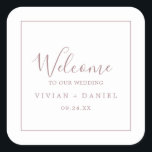 Minimal Rose Gold Wedding Welcome Square Sticker<br><div class="desc">Diese minimalen Rose Gold Hochzeitsaufkleber sind perfekt für eine einfache Hochzeit. Das moderne romantische Design besticht durch klassische Rose-Gold- und Weißtypografie gepaart mit einer rustikalen und eleganten Kalligraphie mit Vintagem handgeschriebenem Stil. Anpassbar in jeder Farbe. Behalt das Design einfach und elegant, wie es ist, oder personalisiere es durch Hinzufügen von...</div>